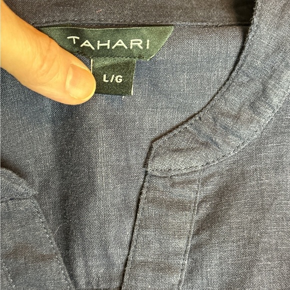 NWOT Tahari navy linen blend long sleeve pullover tunic front button placket - Picture 10 of 11